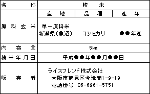 JAS表示例（単一原料米の場合）